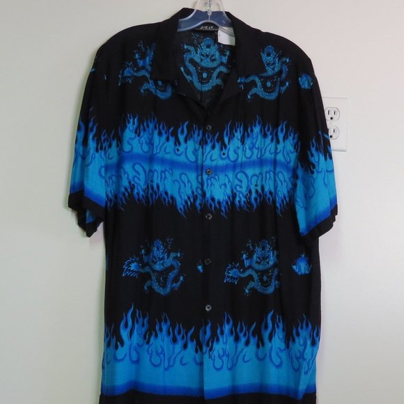 Vintage Shirt Men's Large Black Blue Flames Button Up Short Sleeve Dragon AOP - Picture 3 of 7
